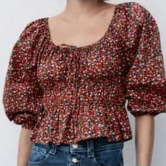 Zara Floral Puff Sleeve Peplum Top Small - Picture 1 of 4